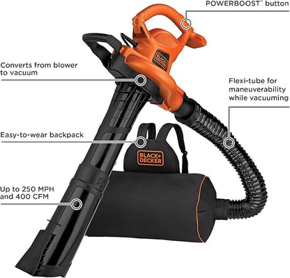 BLACK+DECKER Electric Leaf Blower, Leaf Vacuum and Mulcher 3 in 1, 250 mph Airflow, 400 cfm Delivery Power, Reusable Bag Included, Corded (BEBL7000) - LeafyLoom