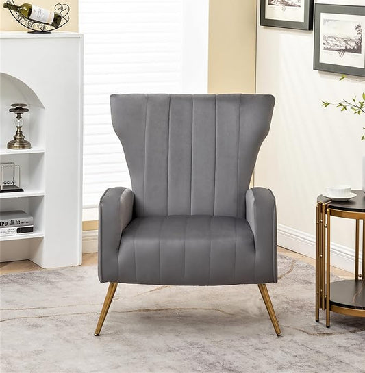 Armchair Modern Velvet Accent Chair, Channel Tufted Bedroom, Office or Living Room Furniture with Elegant Metal Legs, Grey - LeafyLoom