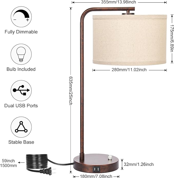 Vintage Table Lamp, Fully Dimmable Table Lamp with Dual USB Charging Ports, Farmhouse Bedside Lamp Nightstand Light, Tall Reading Desk Lamp for Living Room, Bedroom, Office, 9W LED Bulb Included - LeafyLoom