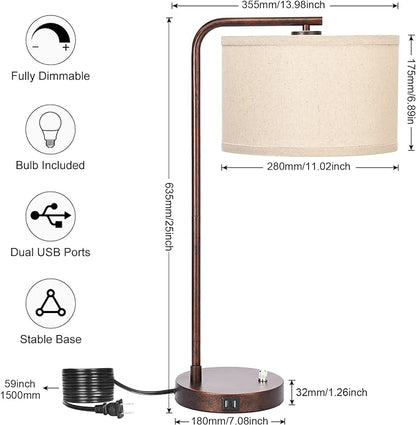 Vintage Table Lamp, Fully Dimmable Table Lamp with Dual USB Charging Ports, Farmhouse Bedside Lamp Nightstand Light, Tall Reading Desk Lamp for Living Room, Bedroom, Office, 9W LED Bulb Included - LeafyLoom