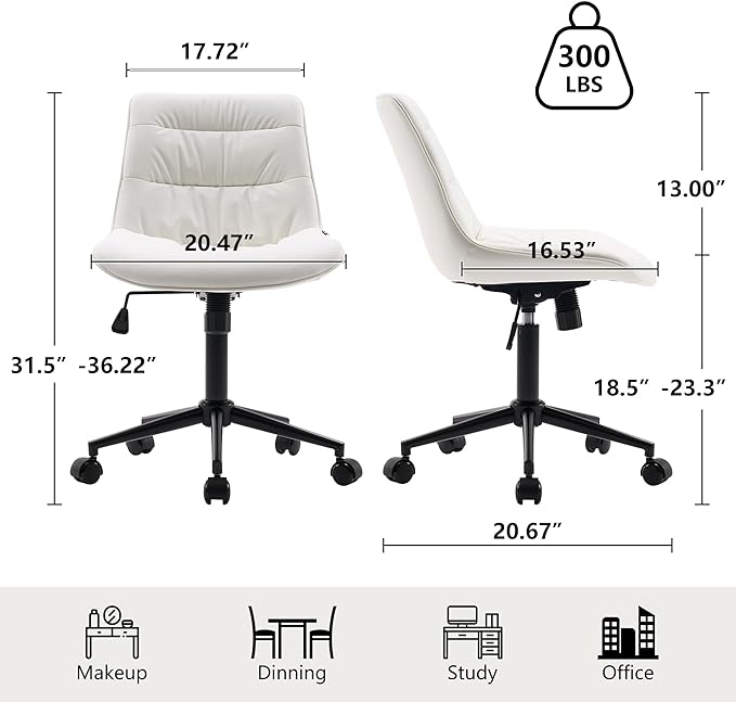 Kidol & Shellder Armless Office Chair Desk Chair Comfy Makeup Vanity Chair with Back Ergonomic Swivel Chair Home Office Desk Chairs with Wheels Rolling Computer Chair Bedroom Accent Chair(White) - LeafyLoom