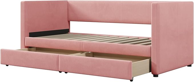 Twin Size Upholstered Daybed with 2 Storage Drawers, Corduroy Sofa Bed Frame for Living Room, Bedroom, Wood Slat Support, Pink - LeafyLoom