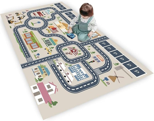 kid rug carpet playmat for toy cars and trains,road traffic kids play area rug,city Life town play Mat for Playroom Bedroom Boys,Children's Educational Fun Throw Rug with Rubber Backing 59X94IN - LeafyLoom