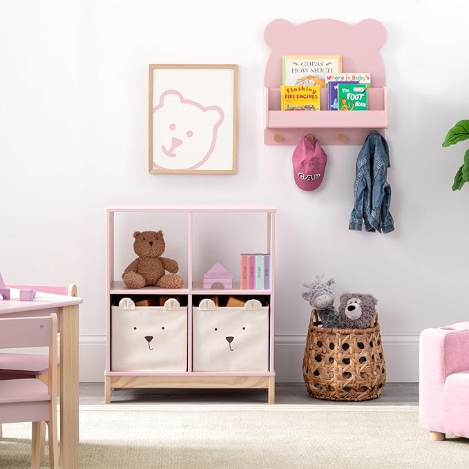 Delta Children babyGap Graham 4-in-1 Convertible Crib with Storage Drawer + Brannan Bear Bookcase with Bins + Brannan Bear Wall Shelf with 4 Hooks, Blush Pink/Dark Pink (Bundle) - LeafyLoom