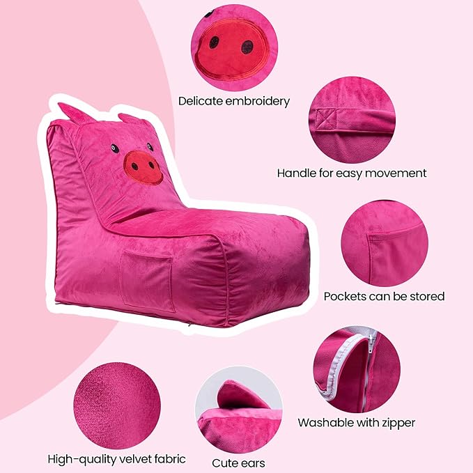 Bean Bag Chair for Kids, Cute Pig L-Shape Animal Bean Bag Sofa with Top Handles and Side Pockets, Cute Soft and Comfy Bean Bag Chair with Filler Included, Ages 1+ Children's Day Gifts - LeafyLoom