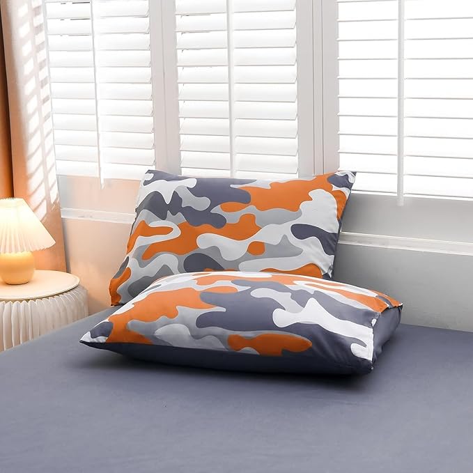 Meeting Story Camouflage Bedding Set, Colorful Pattern Style Comforter Set, 5 PCS One Comforter Two Pillowcases Two Sheets in One Bag, All Season Bedspread for Teens Adults (Orange, Queen 5Pcs) - LeafyLoom