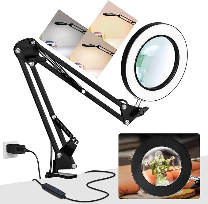 10X Magnifying Glass with Light, KUVRS 1,800 Lumen 3 Color Stepless Dimming, 4.2 Inch Real Glass Lens LED Lighted Magnifier, Adjustable Swing Arm with Clamp Desk Lamp for Craft Repair Crochet Puzzles - LeafyLoom