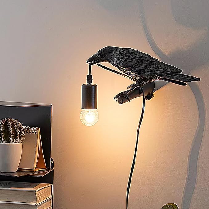 Raven Desk Lamp, Raven Lamp, Bird Lamp, Resin LED Bird Lamp for Bedroom/Office/Living Room/Farmhouse Art Deco with Plug (Right) - LeafyLoom