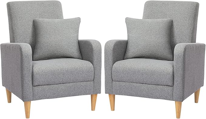 COLAMY Modern Accent Living Room Chairs Set of 2, Upholstered Fabric Armchair Reading Side Chair, Single Sofa with Back Pillow, Light Grey - LeafyLoom