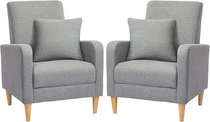 COLAMY Modern Accent Living Room Chairs Set of 2, Upholstered Fabric Armchair Reading Side Chair, Single Sofa with Back Pillow, Light Grey - LeafyLoom