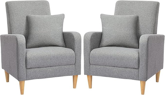 COLAMY Modern Accent Living Room Chairs Set of 2, Upholstered Fabric Armchair Reading Side Chair, Single Sofa with Back Pillow, Light Grey - LeafyLoom