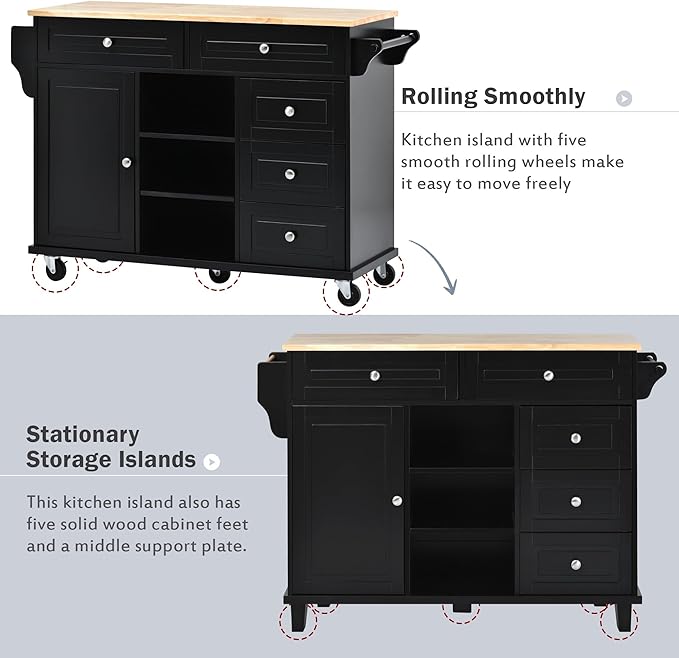 Kitchen Island with Storage Cabinets, Rolling Mobile Kitchen-cart w/Rubber Wood Desktop and 5 Drawers & Open Shelves, Sideboard for Dining Room, Home Bar - LeafyLoom