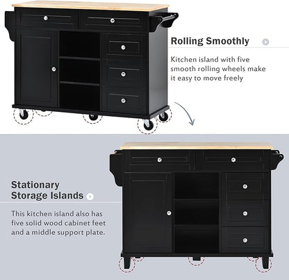 Kitchen Island with Storage Cabinets, Rolling Mobile Kitchen-cart w/Rubber Wood Desktop and 5 Drawers & Open Shelves, Sideboard for Dining Room, Home Bar - LeafyLoom