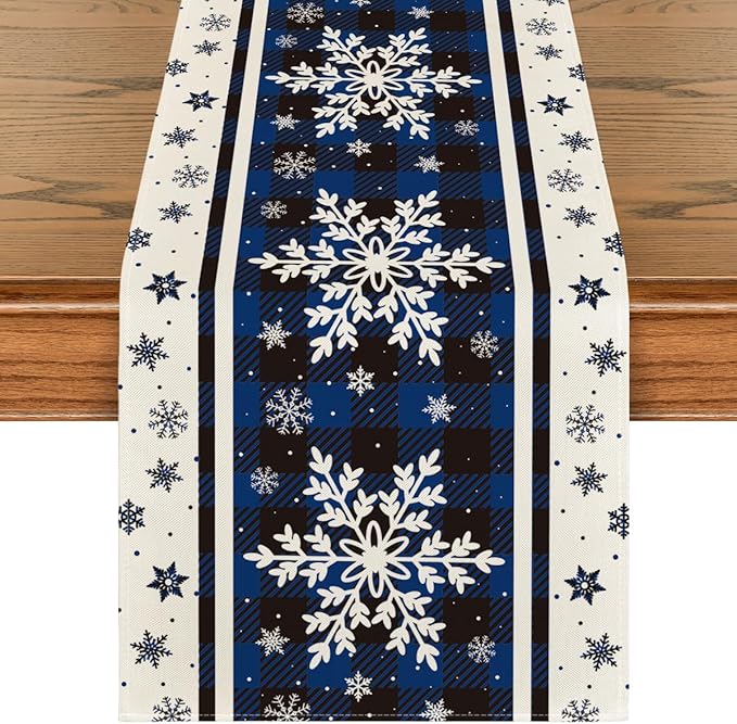 Artoid Mode Buffalo Plaid Snowflakes Blue Christmas Table Runner, Seasonal Winter Kitchen Dining Table Decoration for Home Party Decor 13x120 Inch ArtoidMode