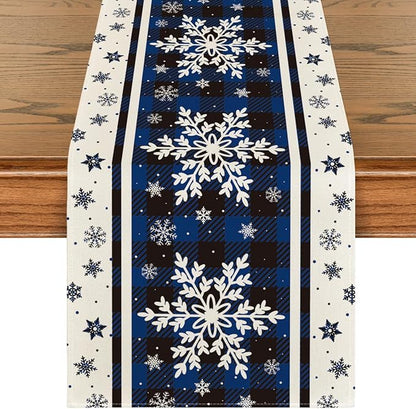 Artoid Mode Buffalo Plaid Snowflakes Blue Christmas Table Runner, Seasonal Winter Kitchen Dining Table Decoration for Home Party Decor 13x48 Inch ArtoidMode