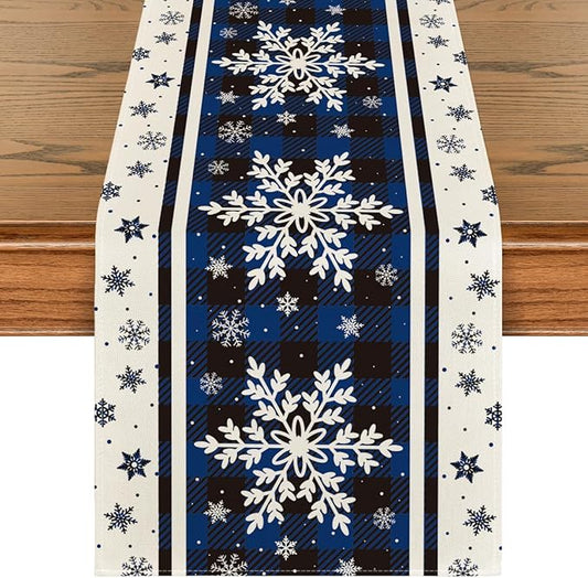 Artoid Mode Buffalo Plaid Snowflakes Blue Christmas Table Runner, Seasonal Winter Kitchen Dining Table Decoration for Home Party Decor 13x60 Inch ArtoidMode