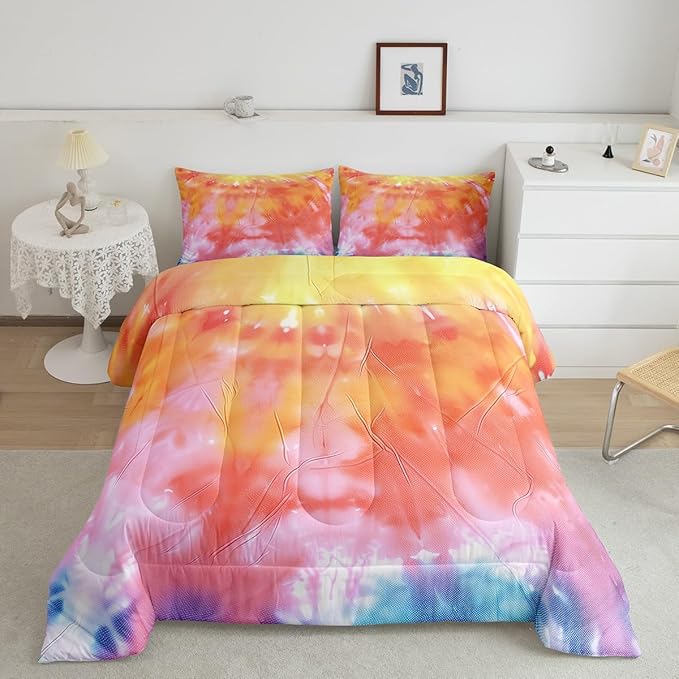 Girls Tie Dye Comforter Set with Pillowcase Trippy Bedding Boho Hippie Psychedelic Gypsy Down Comforter Twin Kids Bed Sets Soft Machine Washable Pastel Duvet Quilt Set, Orange Yellow Pink Purple Blue - LeafyLoom