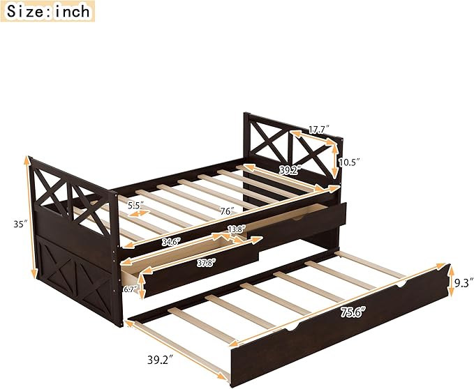 Twin Size Daybed with Storage Drawers and Trundle, Wood Captains Bed frame for Bedroom and Living Room, Espresso - LeafyLoom