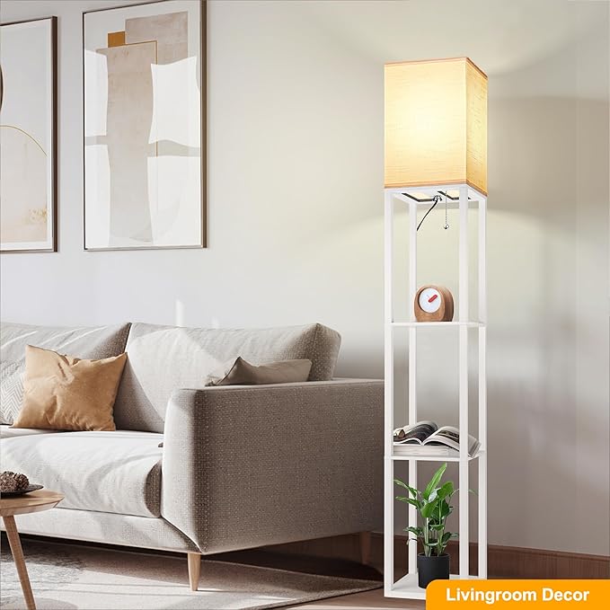 Floor Lamp with Shelves for Living Room White, Shelf Floor Lamp with 3 CCT LED Bulb, Corner Display Standing Column Lamp Etagere Organizer Tower Nightstand with White Linen Shade for Bedroom, Office - LeafyLoom