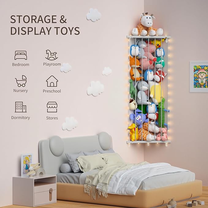 Stuffed Animal Storage Toy Organizer: Corner Stuff Animals Holder for Wall with LED Light - Kids Plush Toys Storage with Adjustable Length for Nursery Playroom Bedroom Kids Room(Gray) - LeafyLoom