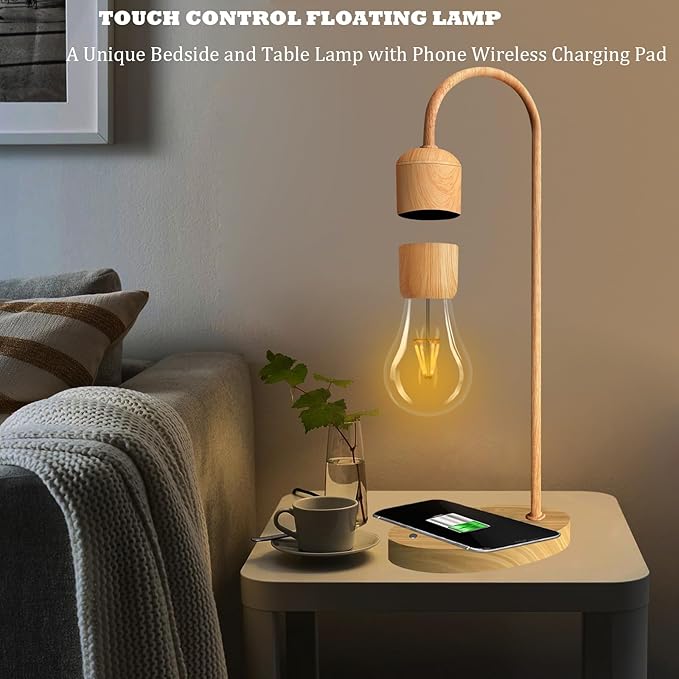 Magnetic Levitating Lamp with Wireless Phone Charging Pad Floating Light Bulb LED Night Light Wood Grain Table Lamp Levitation Desk Lamp for Office Home Decoration Christmas Gift - LeafyLoom