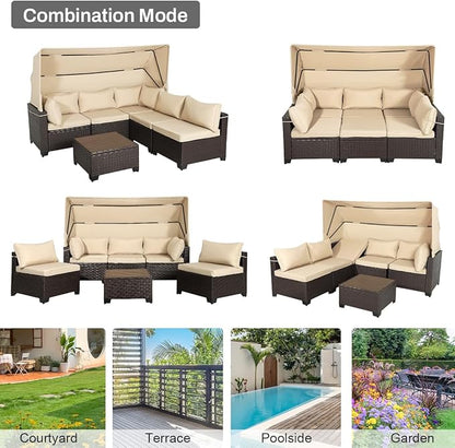 6 PCS Outdoor Patio Furniture Set,Sectional Sofa Set,Rattan Daybed with Retractable Canopy,Adjustable Backrest,Storage Coffee Table for Porch Garden Poolside Backyard(Khaki) - LeafyLoom