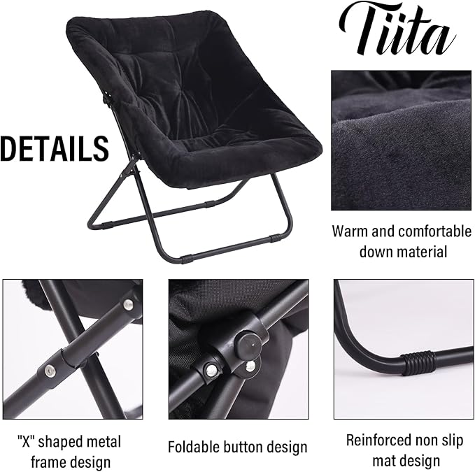 Tiita Comfy Saucer Chair, Soft Faux Fur Oversized Folding Accent Chair, Lounge Lazy Chair for Kids Teens Adults, Metal Frame Moon Chair for Bedroom, Living Room, Dorm Rooms - LeafyLoom