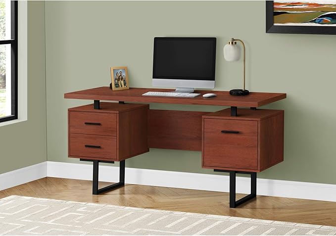 Monarch Specialties 7626 Computer Desk, Home Office, Laptop, Left, Right Set-up, Storage Drawers, Work, Metal, Laminate, Brown, Contemporary Desk-60 L Cherry Black, 60" L x 23.75" W x 30.25" H - LeafyLoom