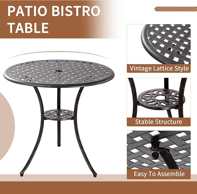 Bronze Patio Bistro Set - 3 Piece Outdoor Cast Aluminum Furniture, Large Table & Chairs, Weather Resistant, Adjustable Foot Pads, Umbrella Hole - LeafyLoom