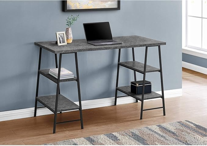 Monarch Specialties 7526 Computer Desk, Home Office, Laptop, Storage Shelves, 48" L, Work, Metal, Laminate, Black, Contemporary, Modern Desk-48 L Grey Stone-Look, 47.25" L x 23.75" W x 30" H - LeafyLoom