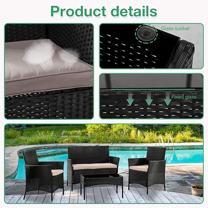 Outdoor Patio Furniture Sets 4 Pieces Patio Set Rattan Chair Wicker Sofa Conversation Set Patio Chair for Backyard Lawn Porch Poolside Balcony Garden Furniture Sets with Coffee Table (Black) - LeafyLoom