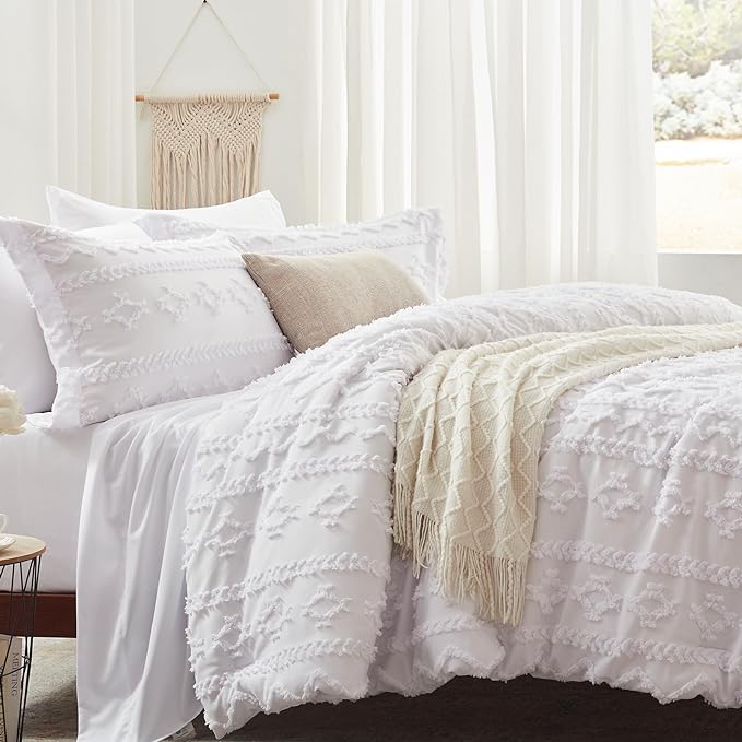 Anluoer Full Comforter Set 7 Pieces, White Tufted Bed in a Bag with comforters and sheets, All Season Bedding Sets with 1 Comforter, 2 PillowShams, 2 Pillowcases, 1 Flat Sheet, 1 Fitted Sheet - LeafyLoom