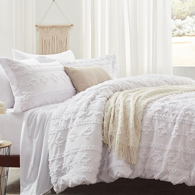 Anluoer Queen Comforter Set 7 Pieces, White Tufted Bed in a Bag with comforters and sheets, All Season Bedding Sets with 1 Comforter, 2 PillowShams, 2 Pillowcases, 1 Flat Sheet, 1 Fitted Sheet - LeafyLoom