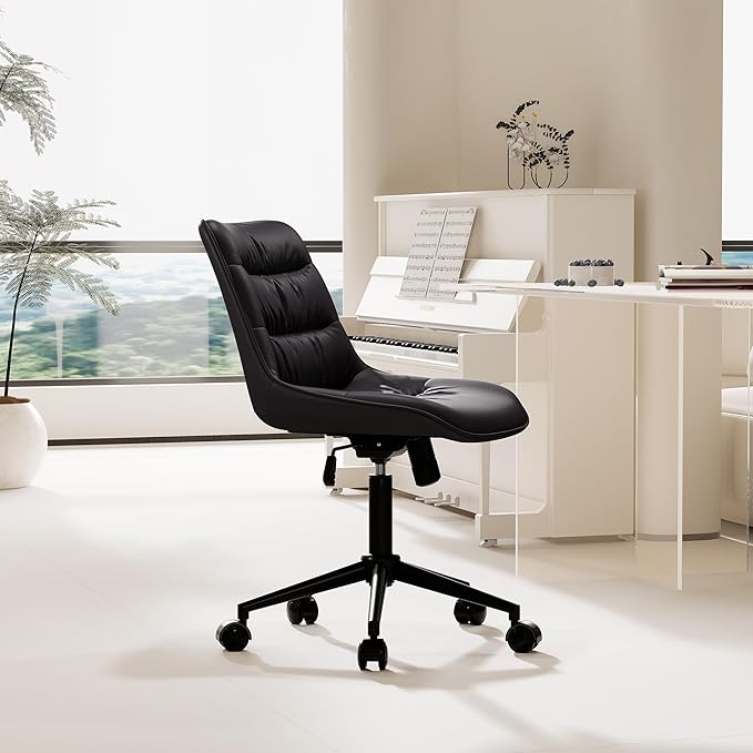 Kidol & Shellder Armless Office Chair Desk Chair Comfy Makeup Vanity Chair with Back Ergonomic Swivel Chair Home Office Desk Chairs with Wheels Rolling Computer Chair Bedroom Accent Chair(Black) - LeafyLoom