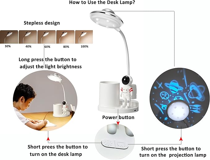 Desk Lamp for Teens Astronaut Desk Lamp with Projection Light and Pen Holder, Kids LED Desk Lamp for Bedroom Reading, Stepless Dimming Desk Lamp Eye-Caring for Studying - LeafyLoom