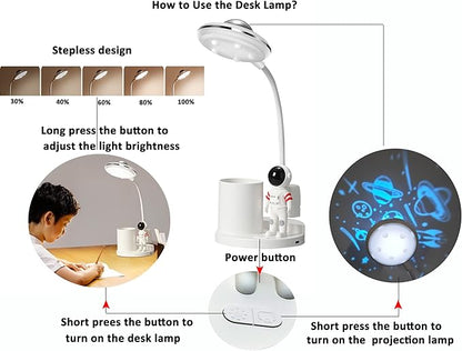 Desk Lamp for Teens Astronaut Desk Lamp with Projection Light and Pen Holder, Kids LED Desk Lamp for Bedroom Reading, Stepless Dimming Desk Lamp Eye-Caring for Studying - LeafyLoom