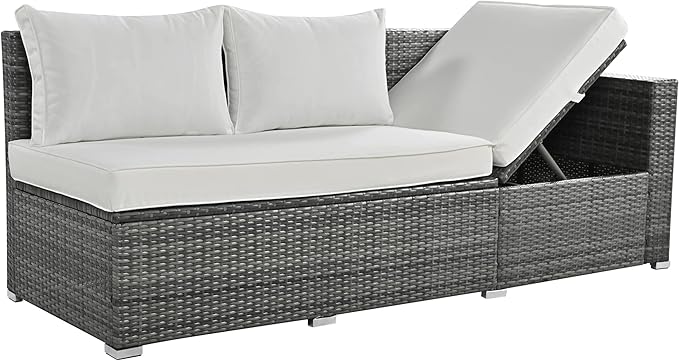 6-Piece Outdoor Furniture Set with Dining Table, Adjustable Seat and Storage Box, All Weather PE Rattan Patio Conversation Sofa L-Shaped Couch for Garden Lawn, Grey Wicker+Beige Cushion - LeafyLoom