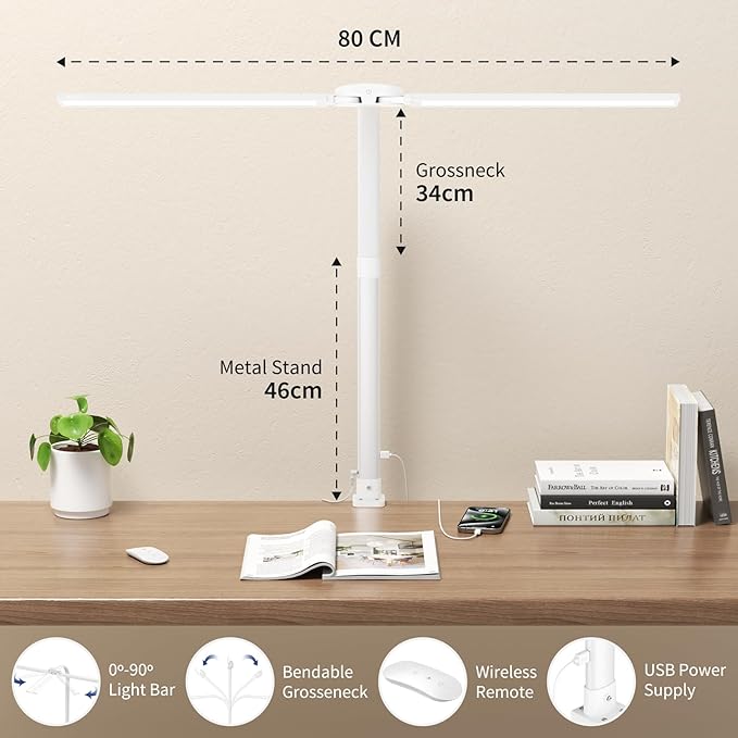 Led Desk Lamp with USB Charging Port Architect Task Dual Lamps for Home Office with Atmosphere Lighting, 24W Ultra Bright Modern Flexible Gooseneck Tall Table Light 5 Color Modes for Drafting Reading - LeafyLoom