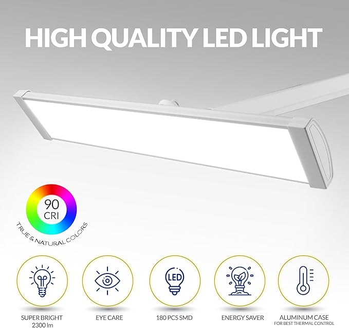 Super Bright 2,300 Lumens Powerful Professional Eye Care LED Desk Lamp, Brightness Adjustable, Task Light for Home, Beauty, Crafting, Office, Workbench (Daylight, Dimmable, White) - LeafyLoom