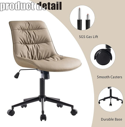 Kidol & Shellder Armless Office Chair Desk Chair Comfy Makeup Vanity Chair with Back Ergonomic Swivel Chair Home Office Desk Chairs with Wheels Rolling Computer Chair Bedroom Accent Chair(Khaki) - LeafyLoom