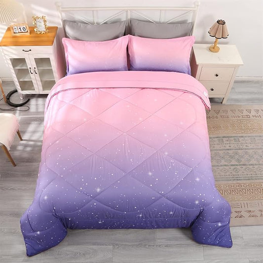 Wowelife Glitter Comforter Set Pink Queen 5 Pieces Galaxy Bedding Set Purple Kids Bedding Set Rainbow Bed in a Bag for Boys and Girls with Comforter, Flat Sheet, Fitted Sheet and 2 Pillowcases - LeafyLoom