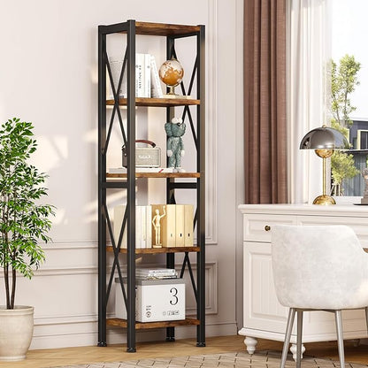 5-Tier Narrow Bookshelf, Ladder Bookshelf, Tall Bookshelf for Bedroom with Open Shelves, Office Bookshelf, Industrial Standing Bookshelf for Bedroom, Living Room and Home Office - LeafyLoom