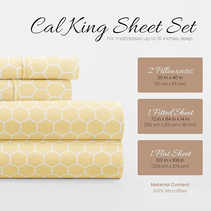 Linen Market 4 Piece California King Bedding Sheet Set (Yellow Geometric) - Sleep Better Than Ever with These Ultra-Soft & Cooling Bed Sheets for Your Cal King Size Bed - Deep Pocket Fits 16" Mattress - LeafyLoom