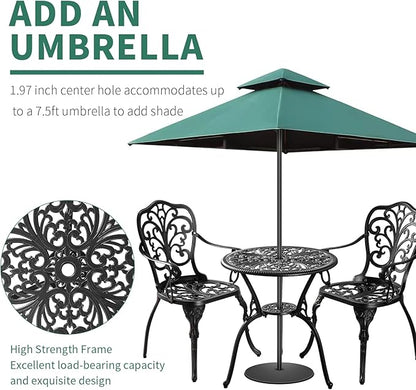 Bistro Table and Chairs Set of 2 with Umbrella Hole,Cast Aluminum Patio Bistro Sets 3 Piece,Outdoor Bistro Table Set,Patio Furniture Set for Front Porch Set,Garden(Butterfly Black) - LeafyLoom