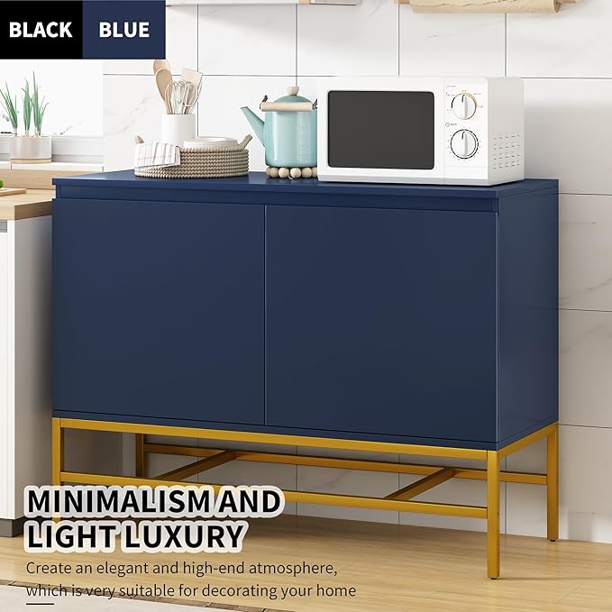 39.4" Minimalist & Luxury Two Door Sideboard with Gold Metal Legs,Freestandin Storage Buffet Cabinet,w/Adjustable Shelves,for Living, Dining Room,Entrance Passage,Navy - LeafyLoom