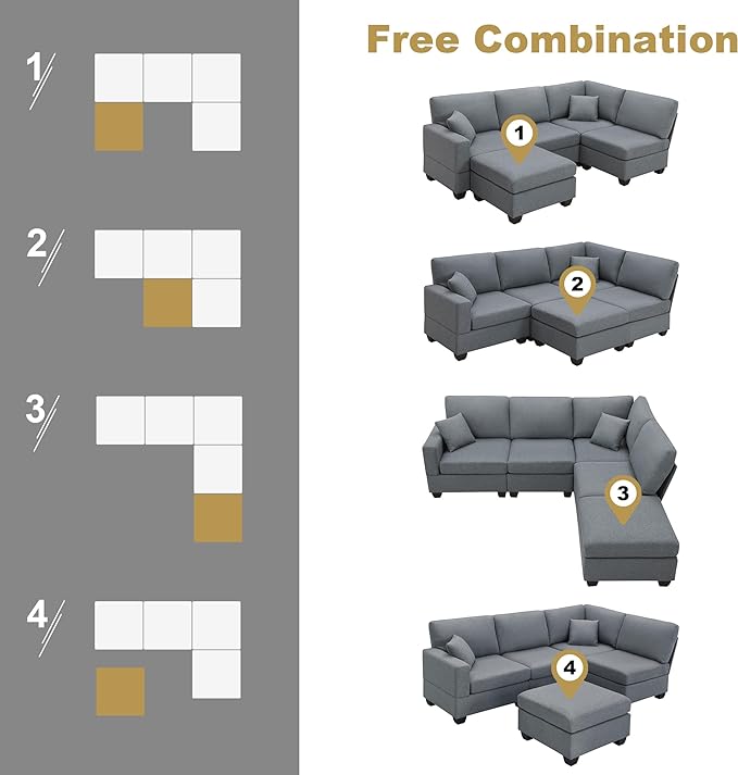 89.8" Modern Sectional Sofa with Convertible Ottoman and 2 Pillows,L-Shape Linen Fabric Corner Couch 5 Set W/Back & Cushion,can Hold up to 330 Lbs,for Apartment,Living Room,Dark Grey - LeafyLoom