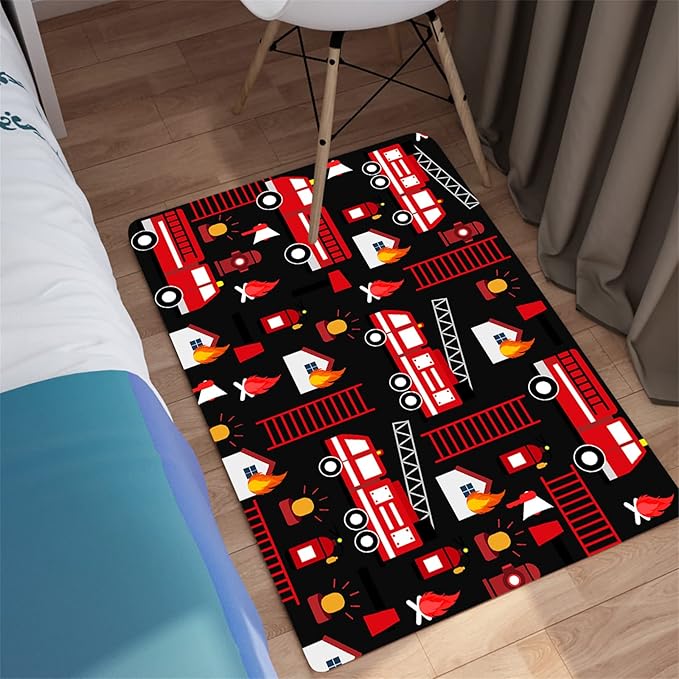 Car Play Rug Fire Fighting Truck Area Rug Car Rug Play Mat Kids Rugs for Playroomcar Rug for Boys Room Carpet Floor Mat for Bedroom Living Room,Black 2'×3' - LeafyLoom