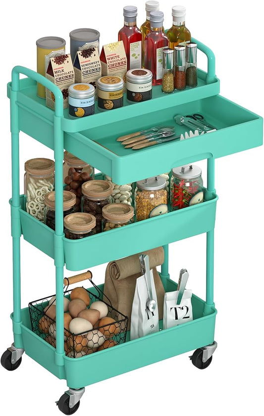 3-Tier Rolling Cart，Trolley with Drawer, Kitchen Storage Organizer with Plastic Shelf & Metal Wheels, Storage Cart for Living Room, Kitchen, Office, Bathroom, Green - LeafyLoom