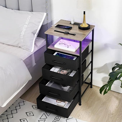 Nightstands Set of 2, Large End Tables Living Room, Bed Side Tables with Charging Station, 30" Tall Night Stand with 4 Fabric Drawers and LED Light Strip for Bedroom HNS014GY - LeafyLoom