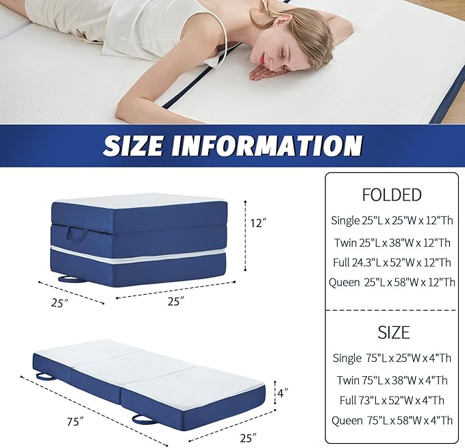 Memory Foam Single Folding Mattress Cot Mattress,4 Inch Foldable Mattress Topper with Cover, Breathable Floor Mattress Guest Bed for Travel/RV/Camping/Guest Room/Yoga (25"×75"×4") - LeafyLoom